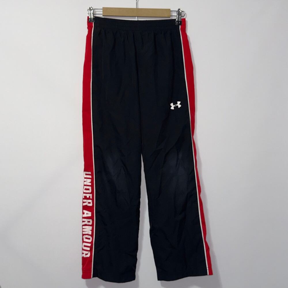 Under Armour Youth Large Black Track Pants Red Side Stripes Logo Loose Fit